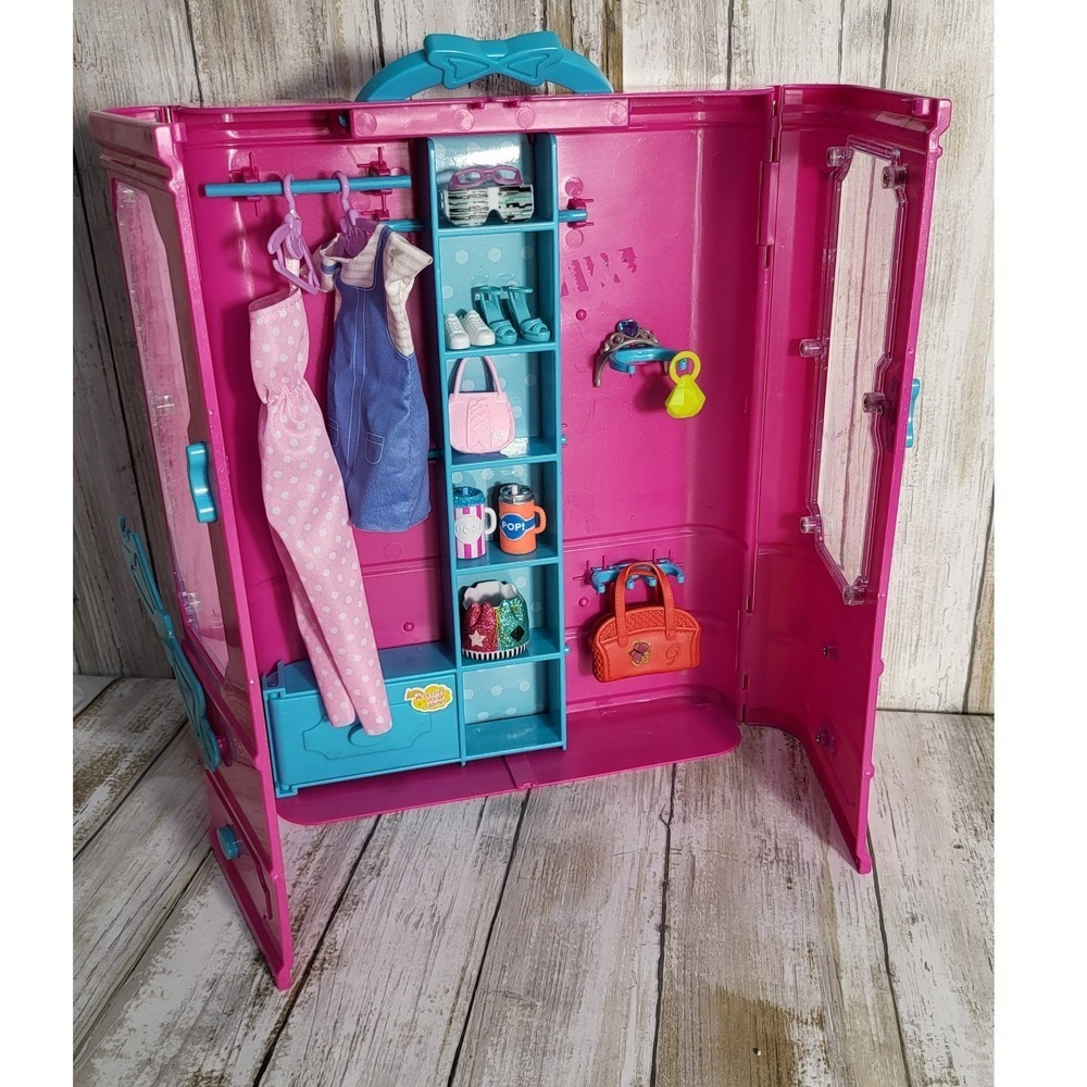 American Plastic Toy Wardrobe Closet Pink Blue Doll Clothes Accessories Storage - Picture 2 of 10